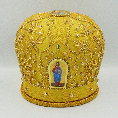 Митра жовта з камінням ЛІ-парча 267265 фото